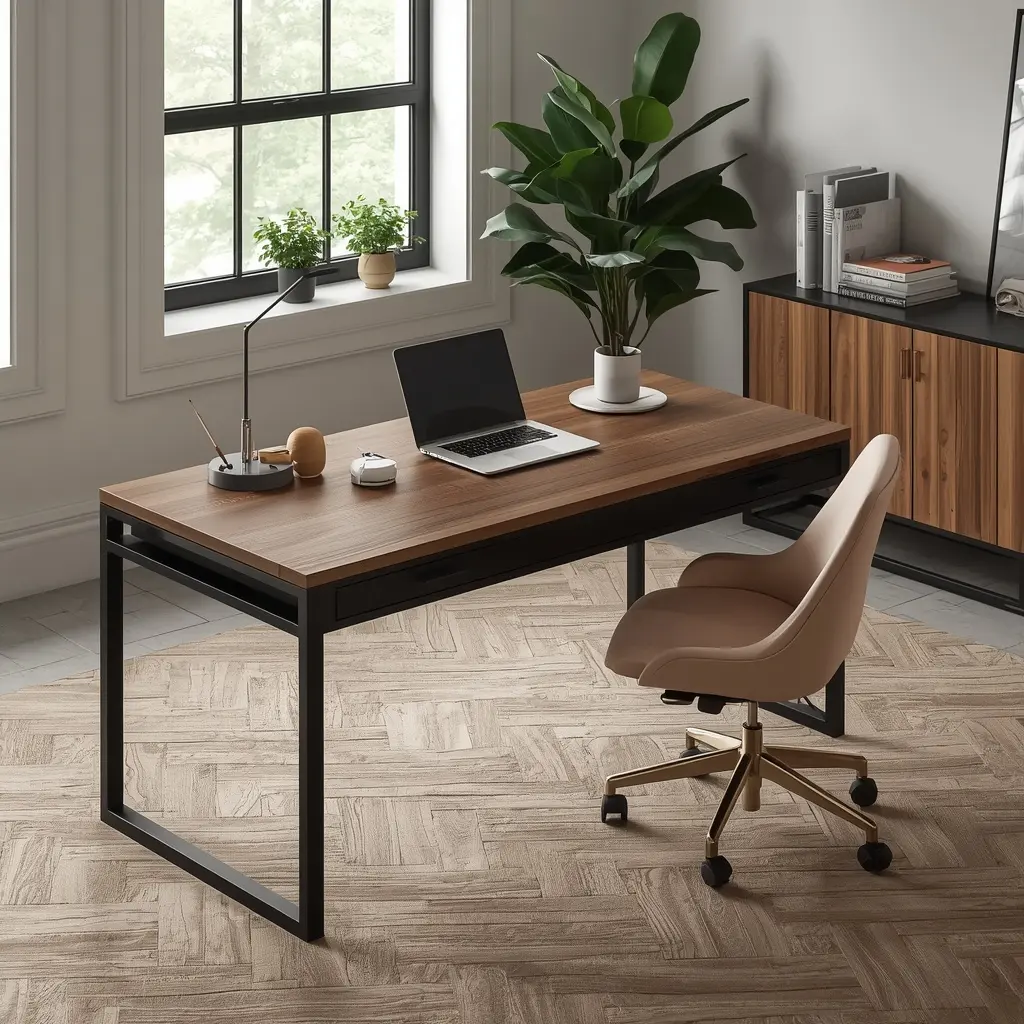 Modern industrial writing desk with walnut wood top and black metal frame